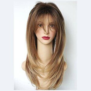 Long Layered Synthetic Wigs for Women Ombre Brown Highlight